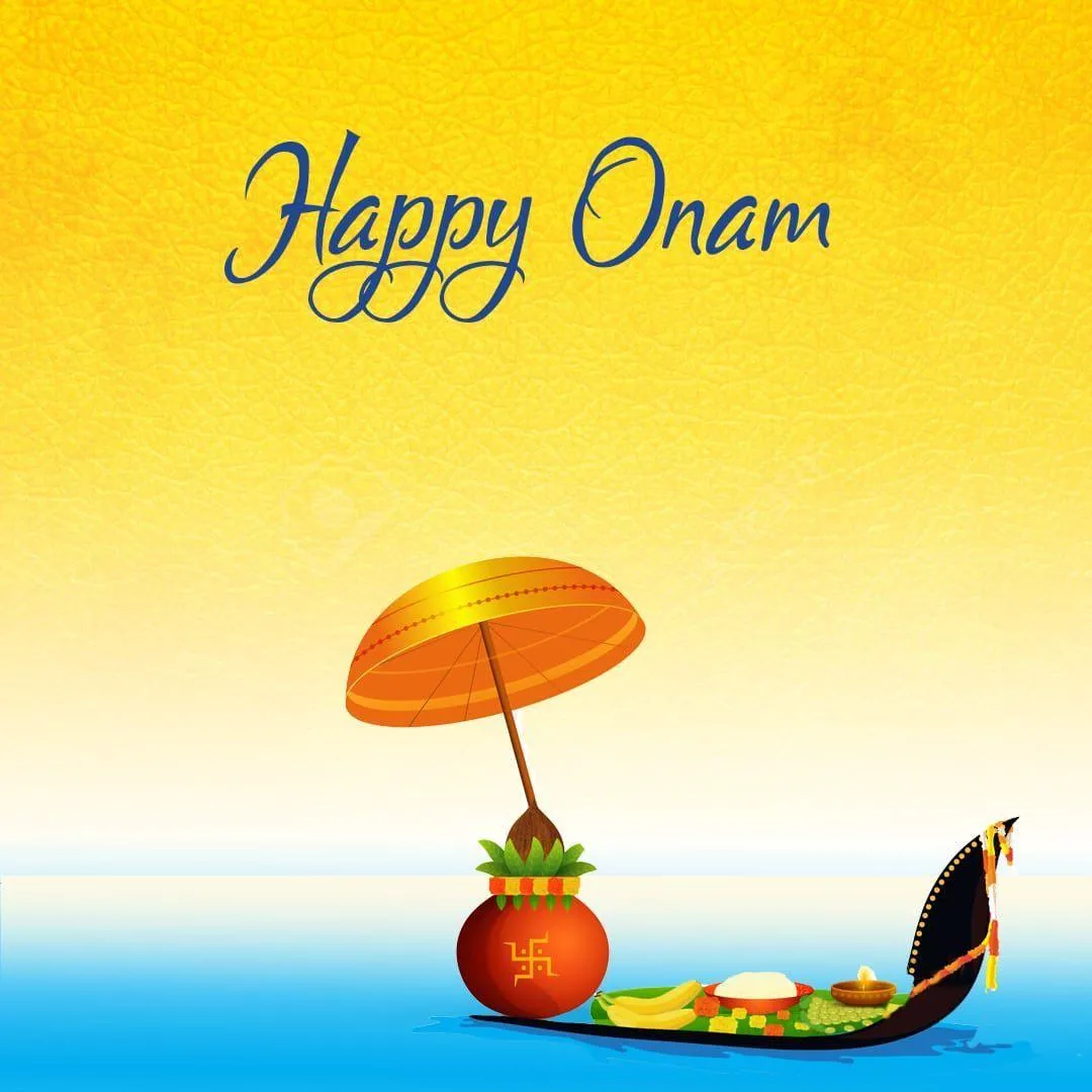 Happy Onam text Onam Sadya picture and wooden umbrella