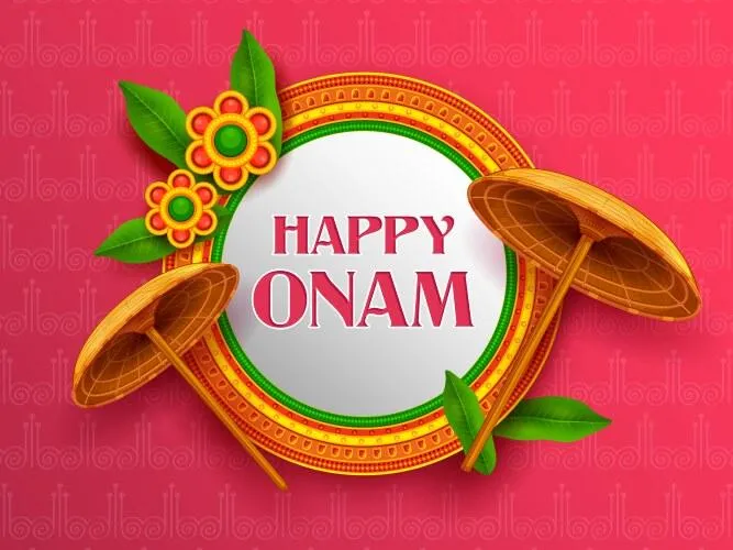 Happy Onam text red colour and wooden umbrella invitation