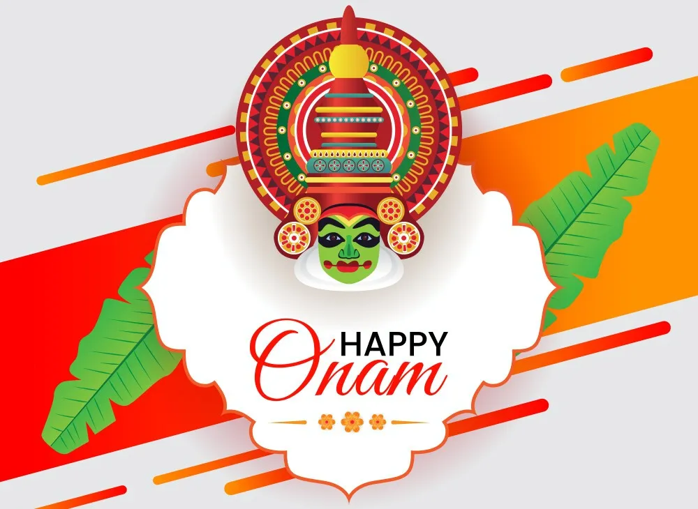 Happy Onam text with a Kathakali dance image poster