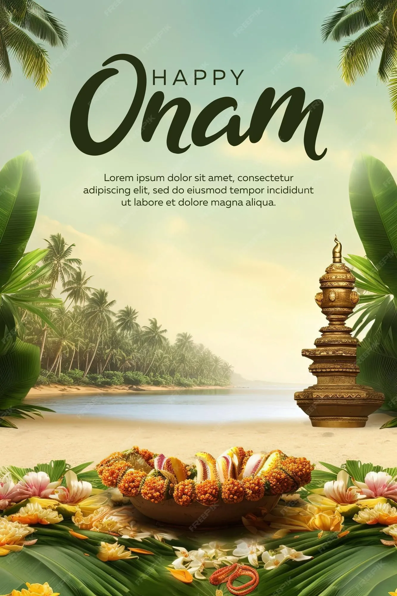 Happy Onam text with a nature image background in the Poster