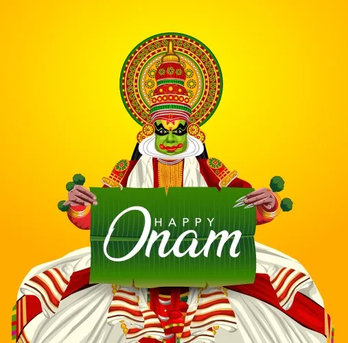 Happy Onam text with banana leaf and kathakali picture