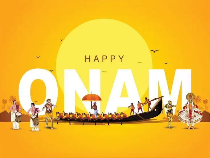 Happy Onam text with chinda malam and Vallam kali design