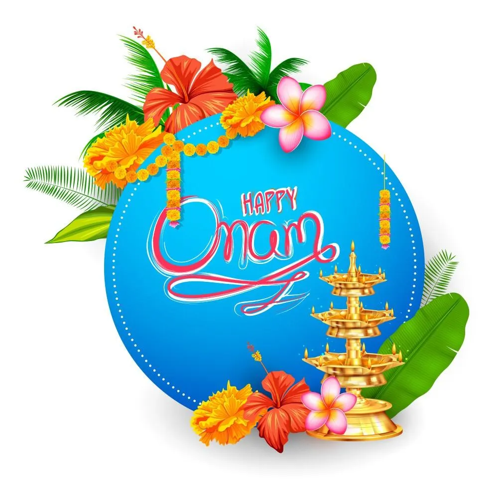 Happy Onam text with Flower and lamp design invitation