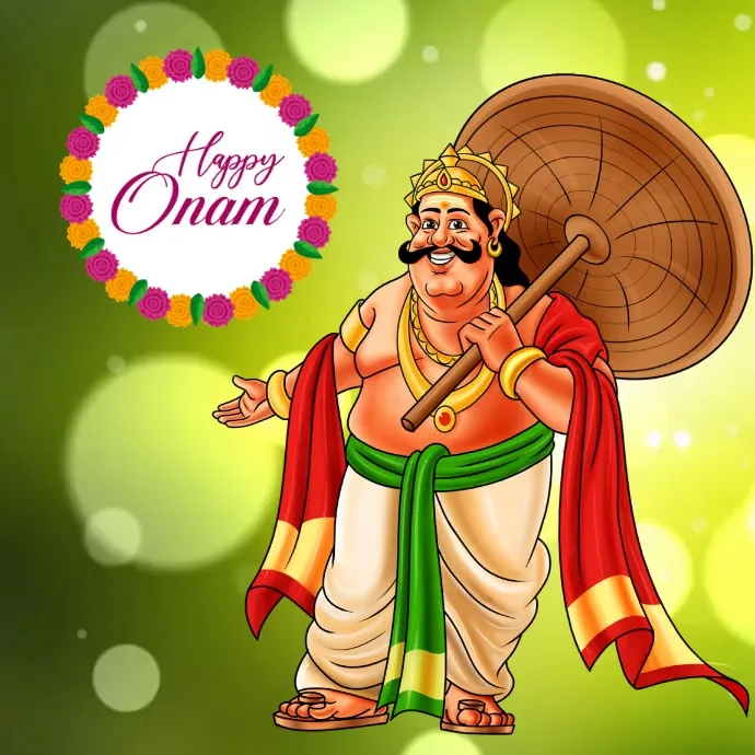 Happy Onam text with flower design and king of Mahabali