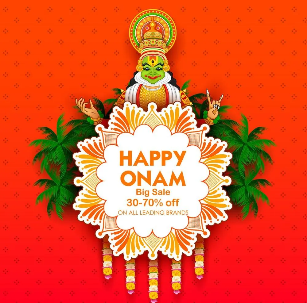 Happy Onam text with flower design and Offer notice