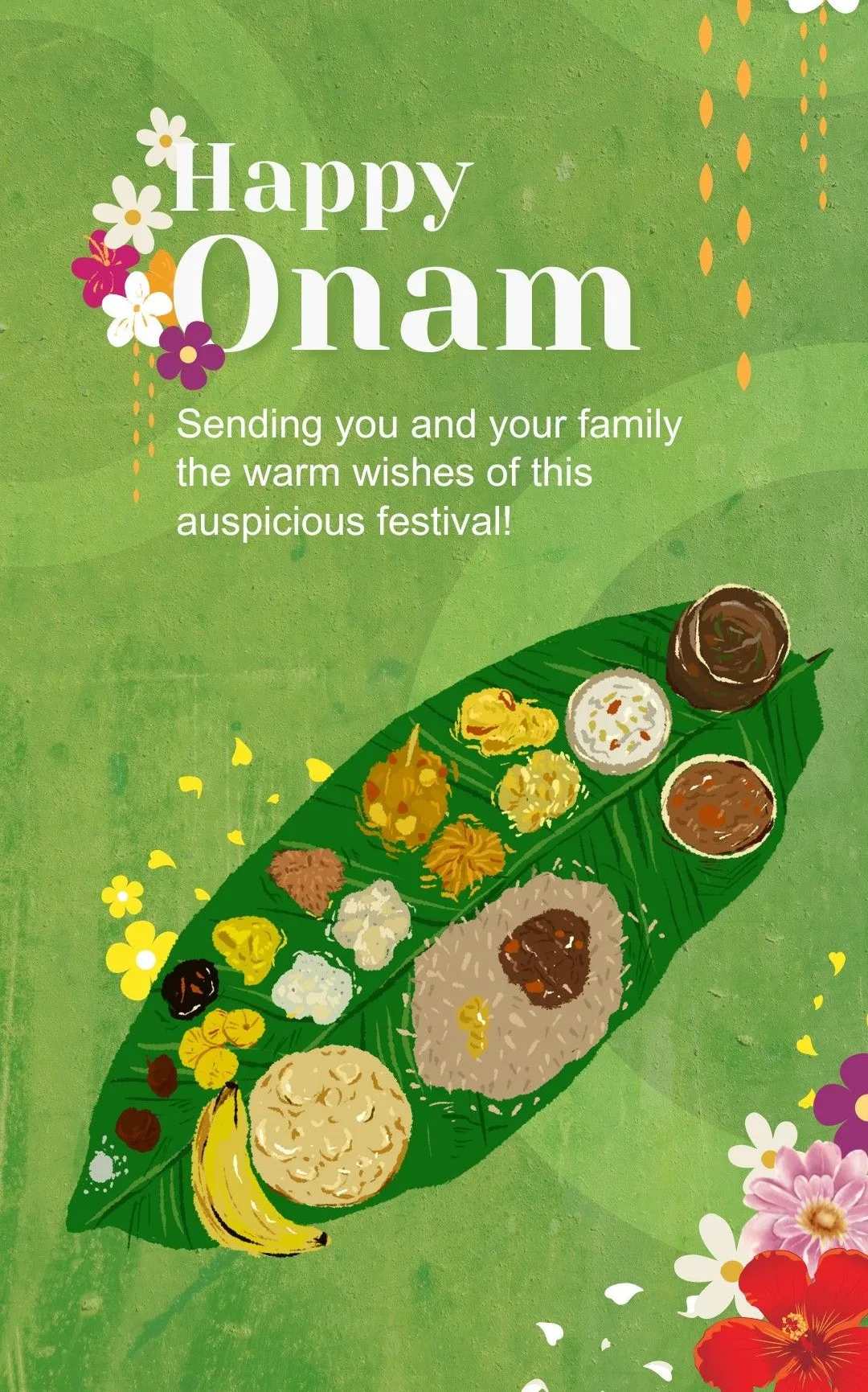 Happy Onam text with flower design and Onam sadya image