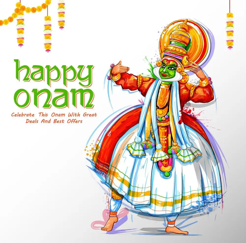 Happy Onam text with green colour and flower design