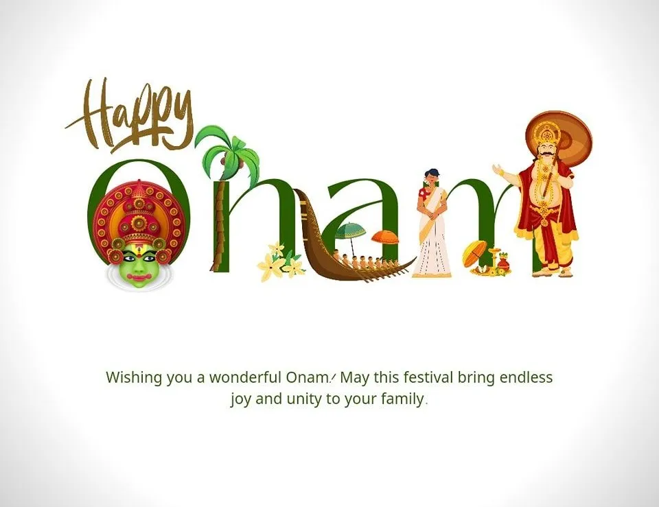 Happy Onam text with green colour and King Mahabali design