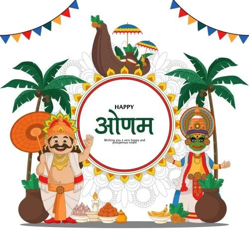 Happy Onam text with Hindi King of Mahabali and kathakali