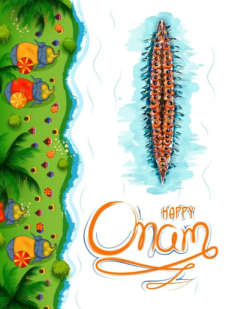 Happy Onam text with invitation and vallam kali picture