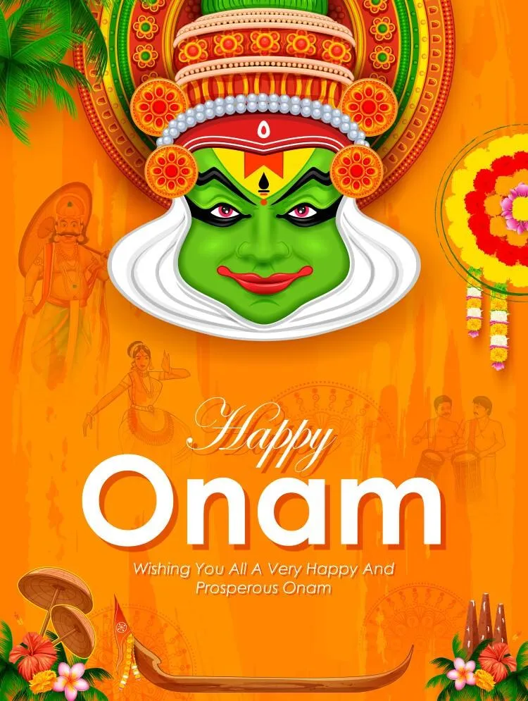 Happy Onam text with Kathakali and Flower design wallpaper