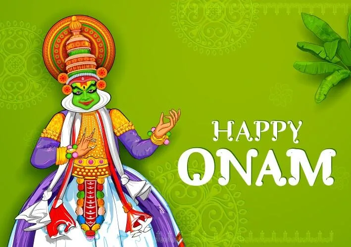Happy Onam text with Kathakali dance and green leaves design