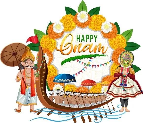 Happy Onam text with King of Mahabali and Kathakali design