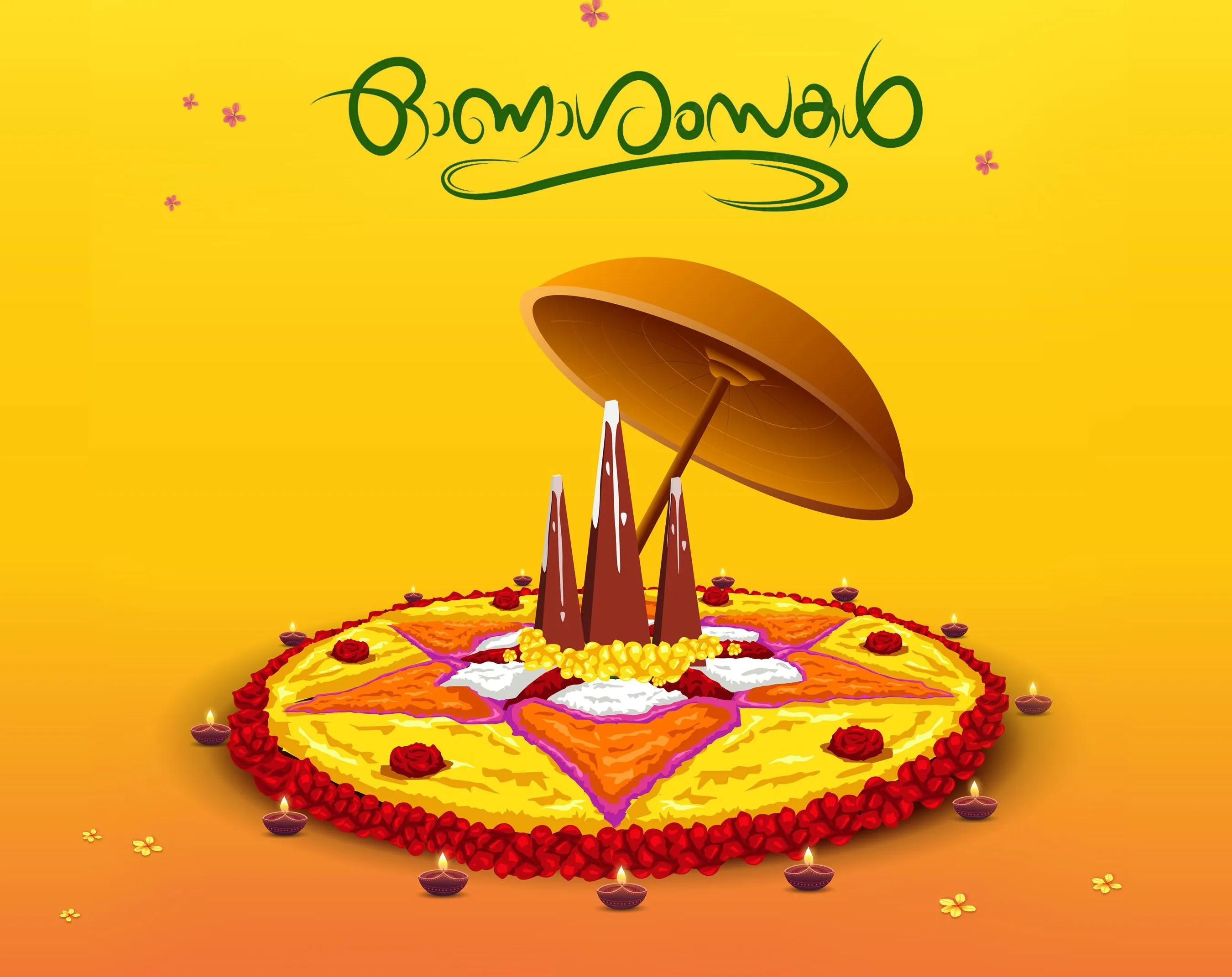 Happy Onam text with Malayalam and a wooden umbrella design