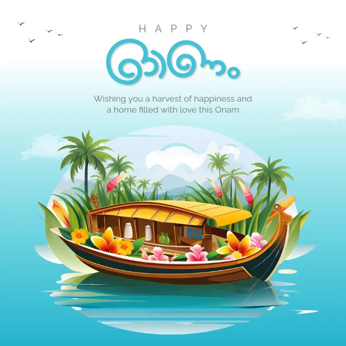 Happy Onam text with Malayalam with boat and flower design