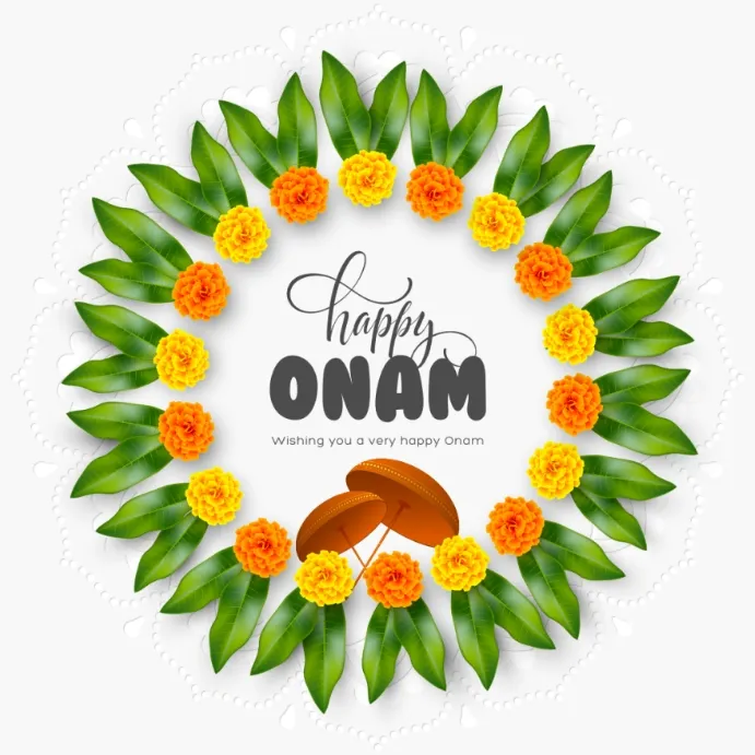 Happy Onam text with orange and yellow flower design