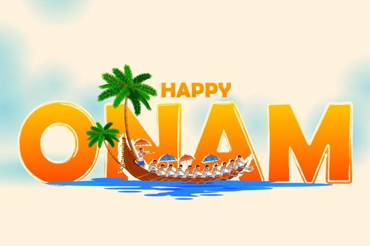 Happy Onam text with Orange colour and vallam kali image