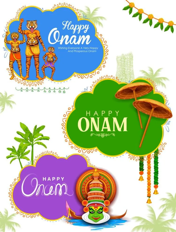 Happy Onam text with Puli kali vallam kali wooden umbrella