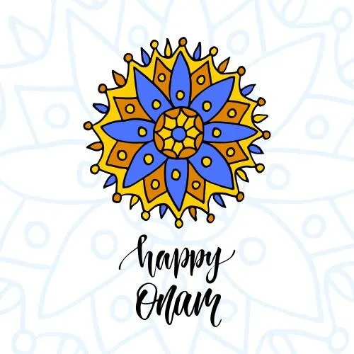 Happy Onam text with rangoli design with blue colour