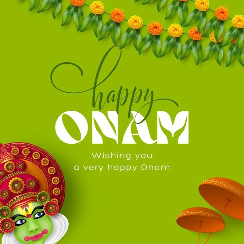 Happy Onam text with the flower and leaves design poster