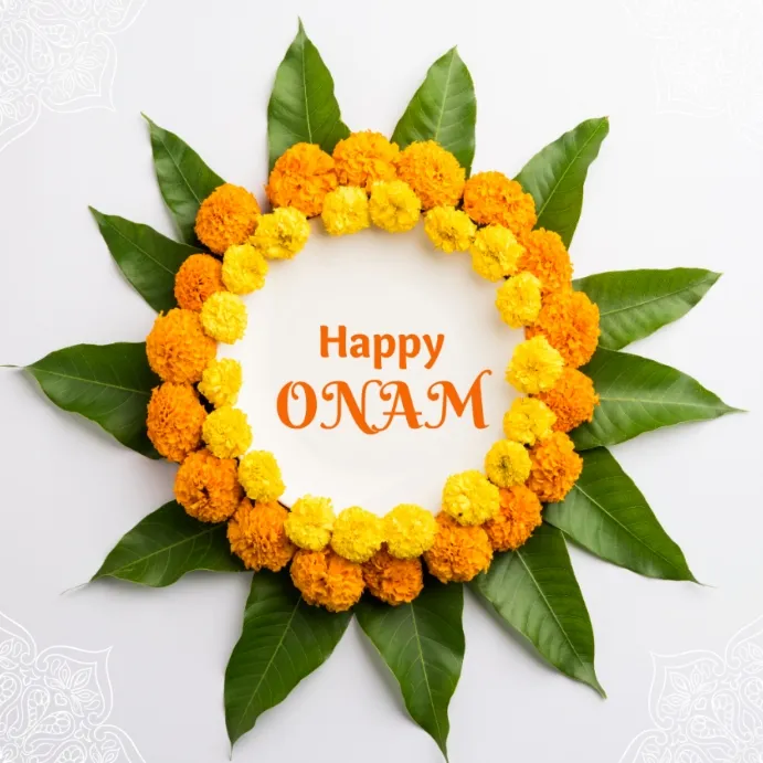 happy Onam text with the flower design and flower design