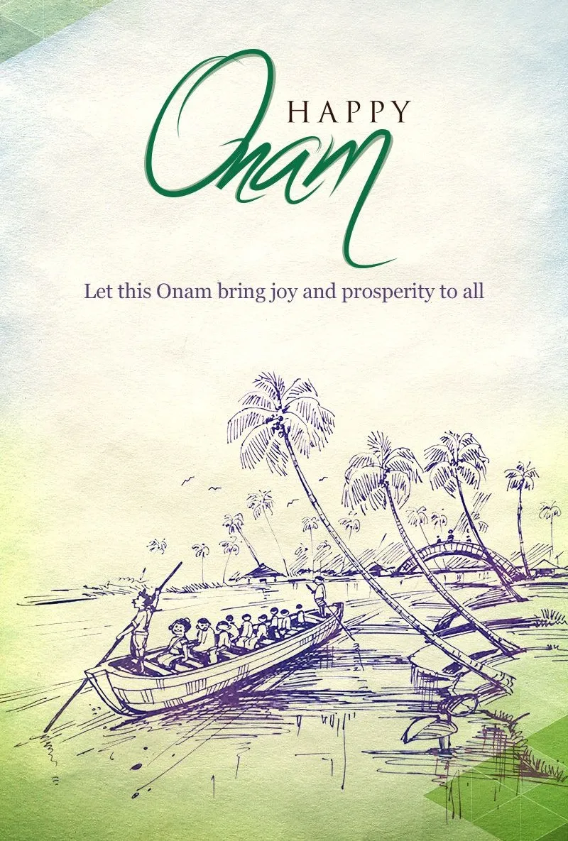 Happy Onam text with the green colour and vallam kali art