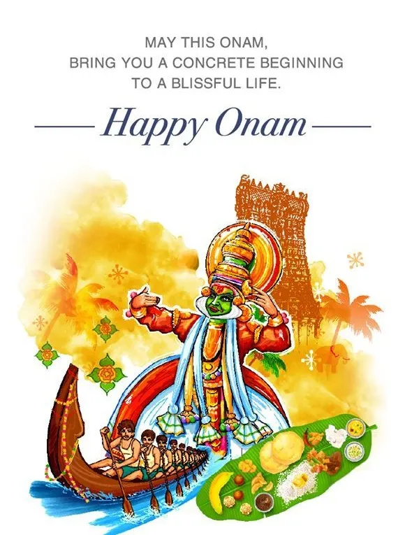 Happy Onam text with the kathakali and Onam sadya image