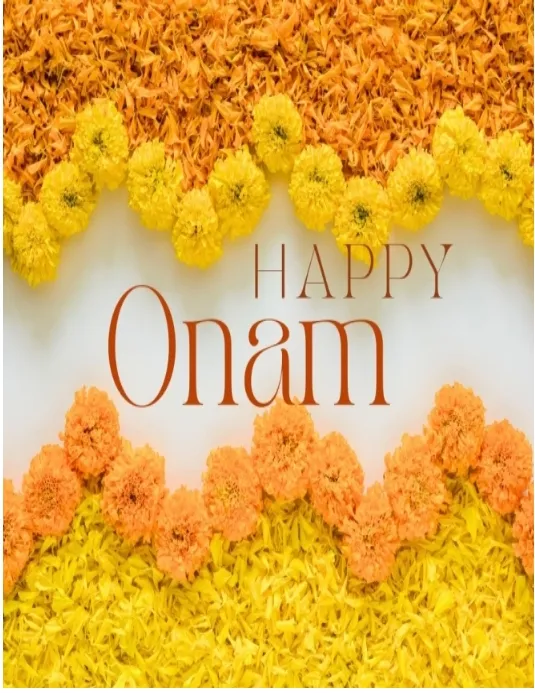 Happy Onam text with the orange and yellow flower design