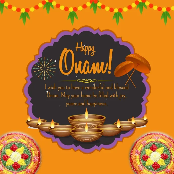 Happy Onam text with the poster image and wooden umbrella