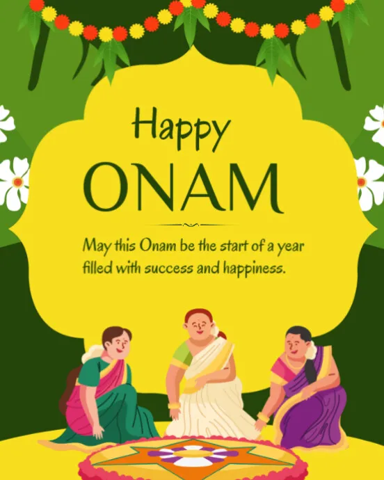 Happy Onam text with the rangoli design in the girls