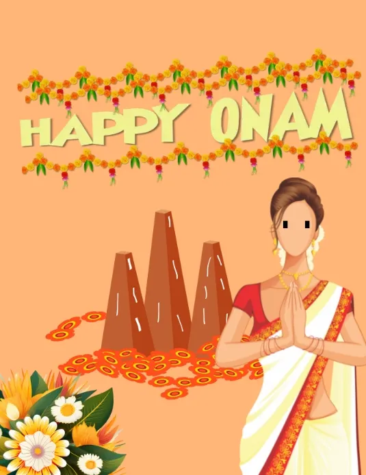 Happy Onam text with the rose and girl welcoming to all