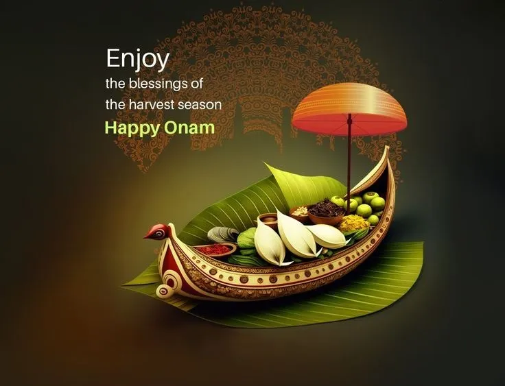 Happy Onam text with the unique design and wooden umbrella