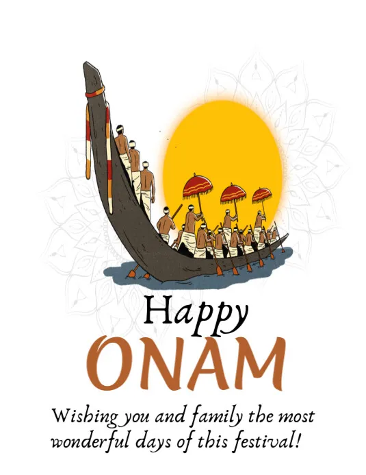 Happy Onam text with the vallam kali and wooden umbrella