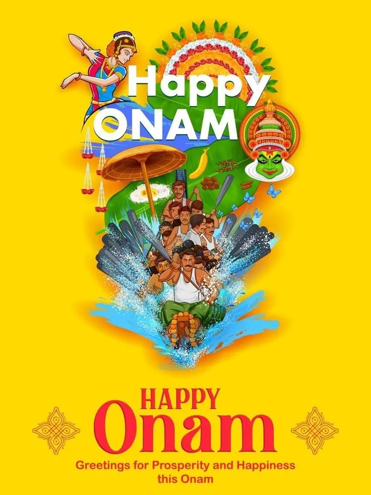 Happy Onam text with the vallam kali image and classic dance