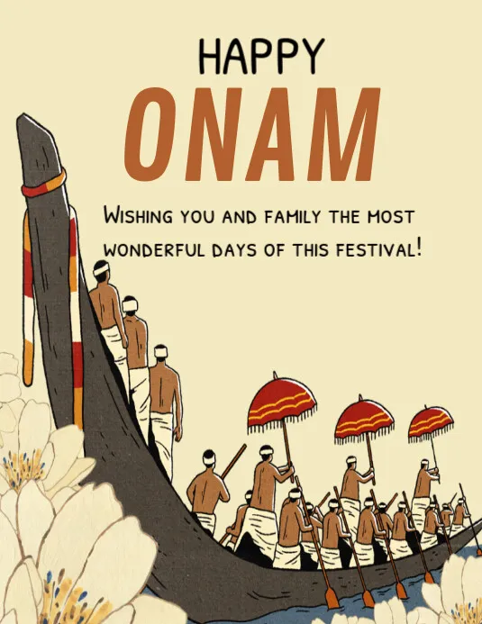 Happy Onam text with the vallam kali image and flower design