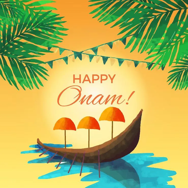 Happy Onam text with the wooden umbrella design poster
