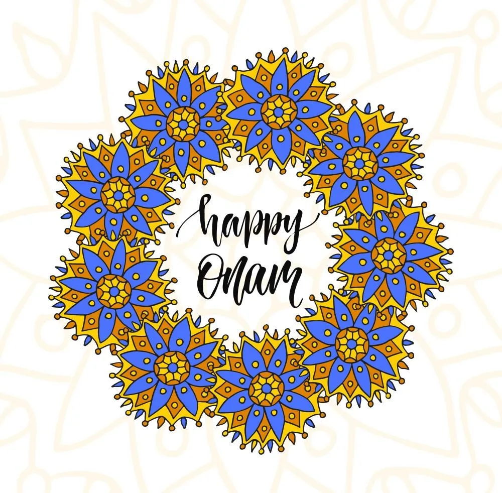 Happy Onam text with unic design in blue and yellow colour