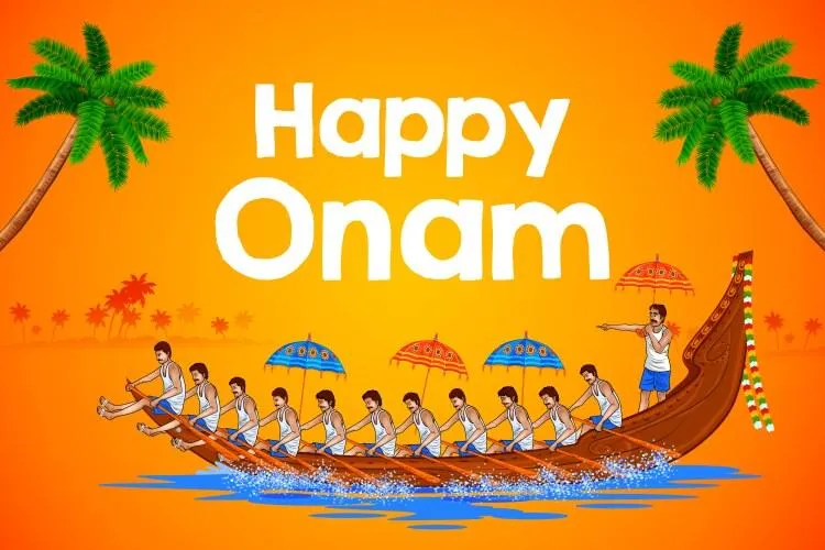 Happy Onam text with Valla kali and Wooden Umbrella