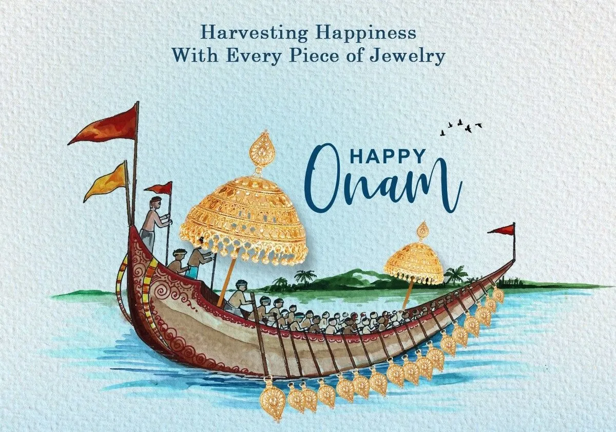 Happy Onam text with vallam kali image and flying flag