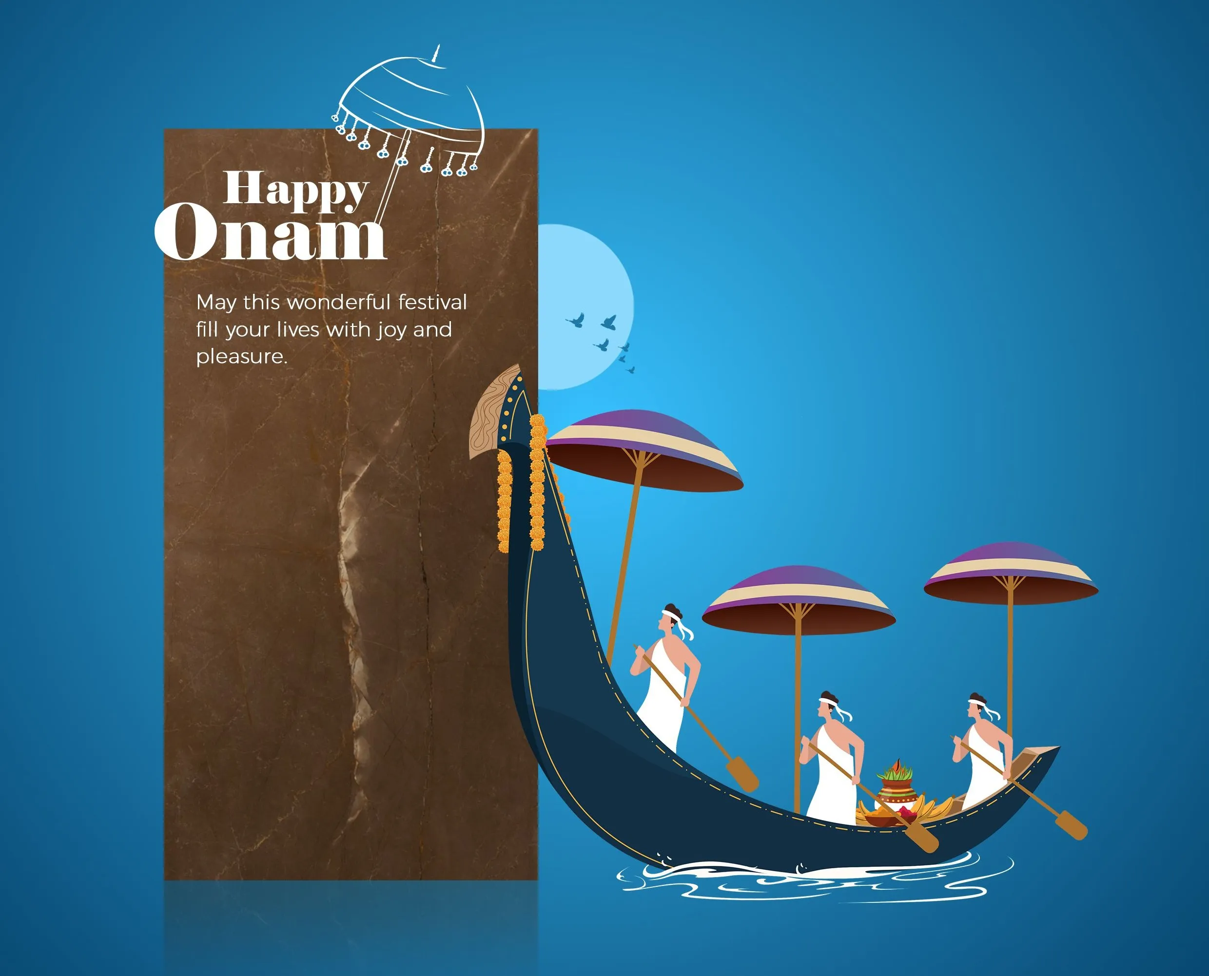 Happy Onam text with vallam kali image and wooden umbrella