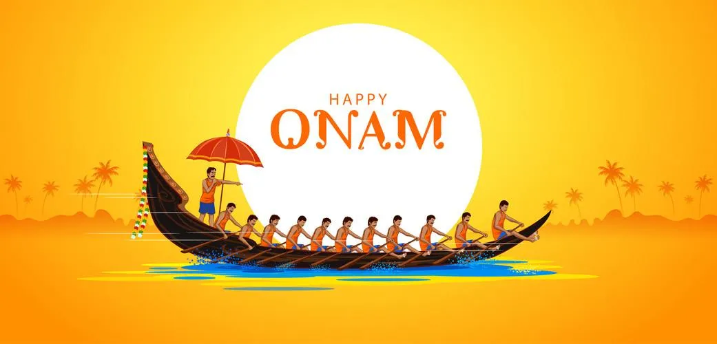 Happy Onam text with Vallam kali race Picture and umbrella