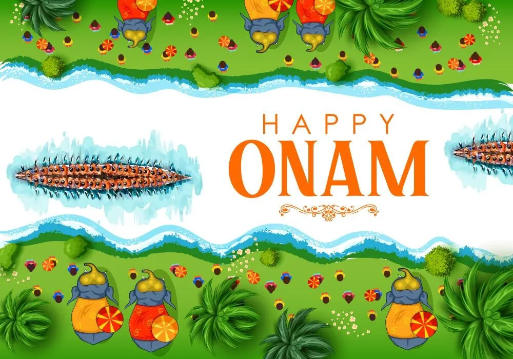 Happy Onam text with Vallam Kali race seeing the people