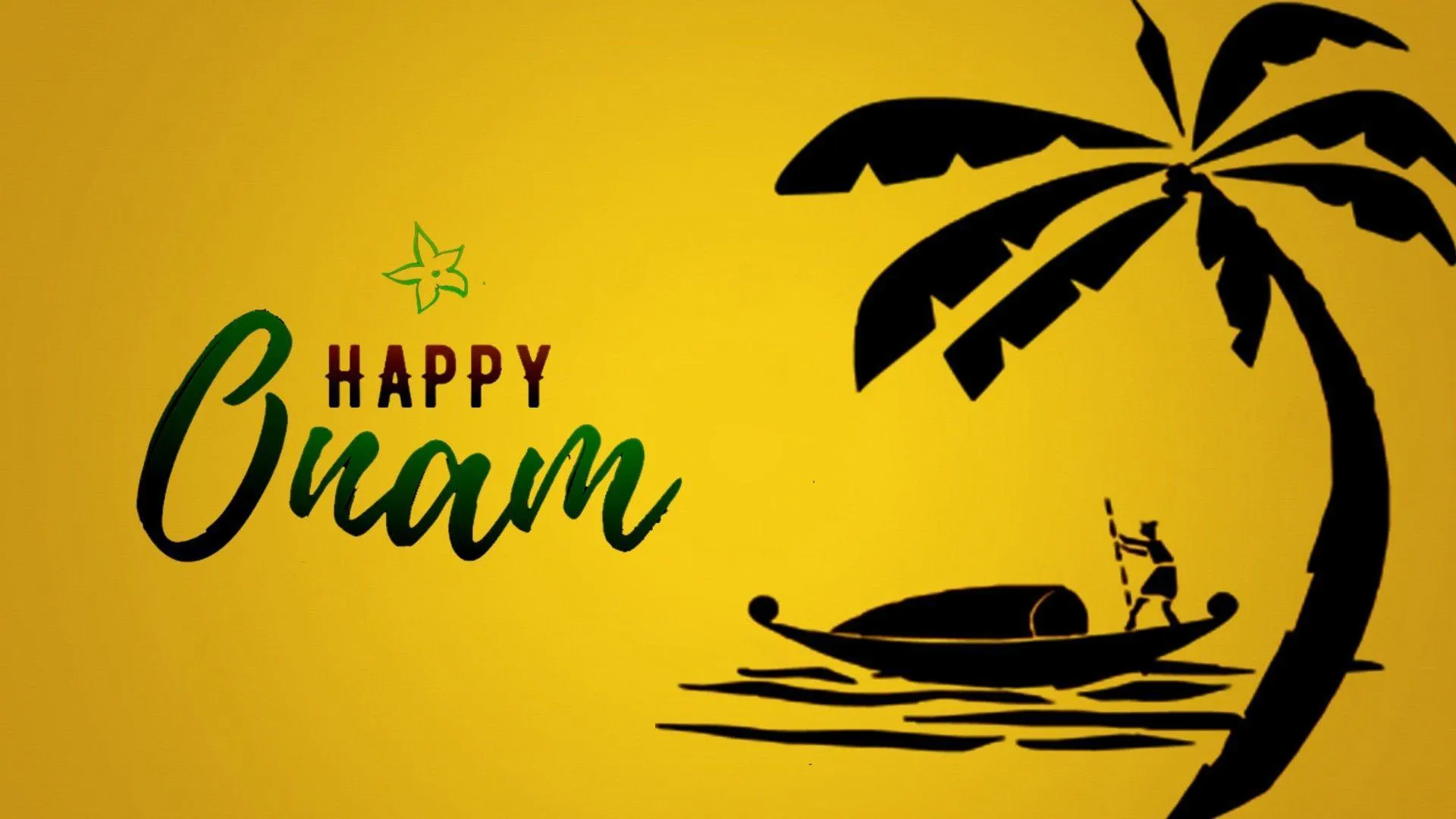 Happy Onam text with Vallam kali symbol and one tree