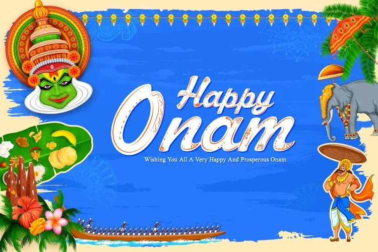Happy Onam text with white colour and Blue colour invitation