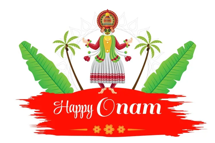 Happy Onam text with white colour and flower design