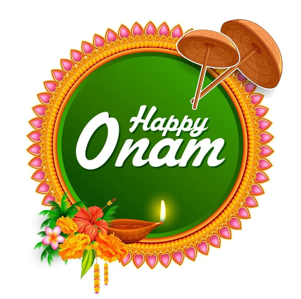 Happy Onam text with white colour and green invitation
