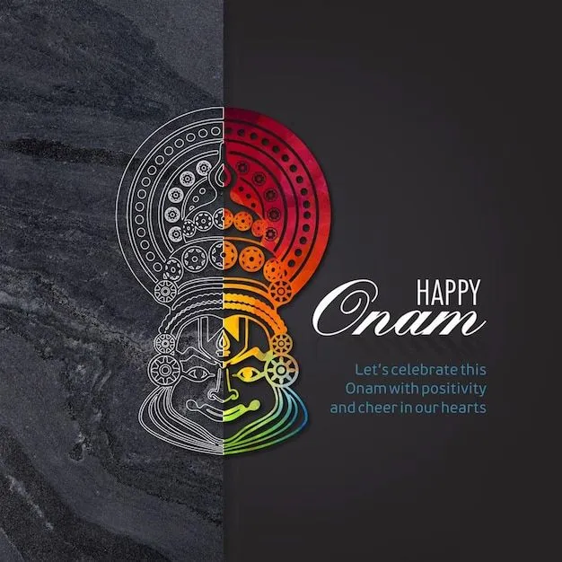 Happy Onam text with white colour and Kathakali face art