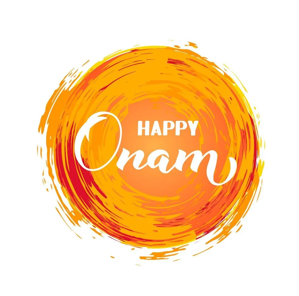 Happy Onam text with white colour and Orange background