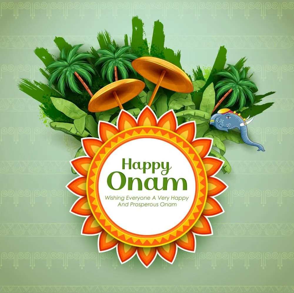 Happy Onam text with wood and umbrella design Wallpaper