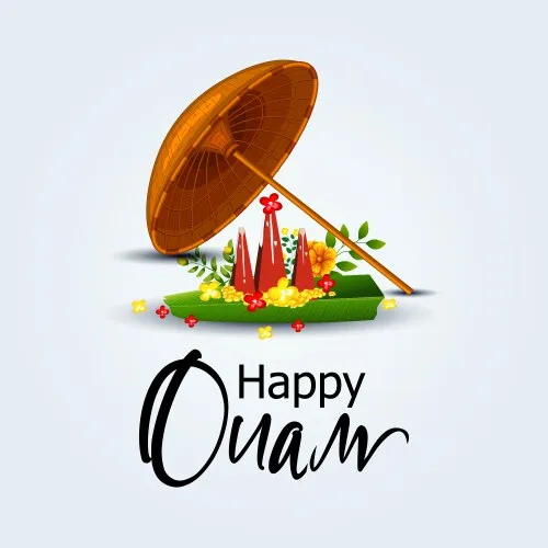 Happy Onam text with Wooden Umbrella and flower design